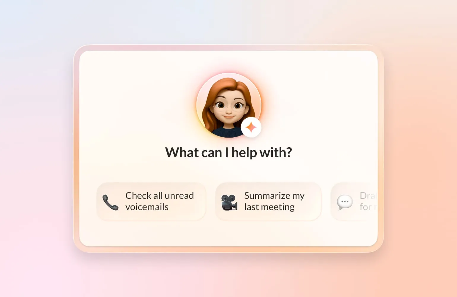 RingCentral AVA interface showing a friendly avatar with options to summarize the last meeting, check unread voicemails, and draft messages.