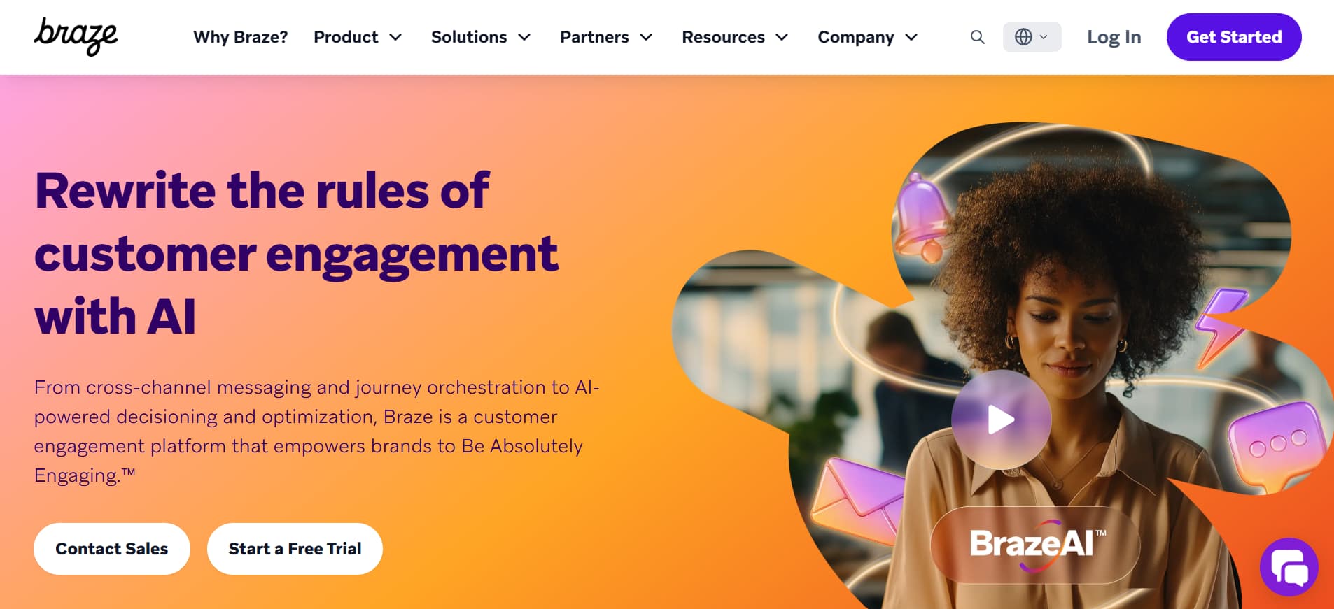 Braze homepage promoting an AI customer engagement platform with marketing visuals, call-to-action buttons, and navigation menu.