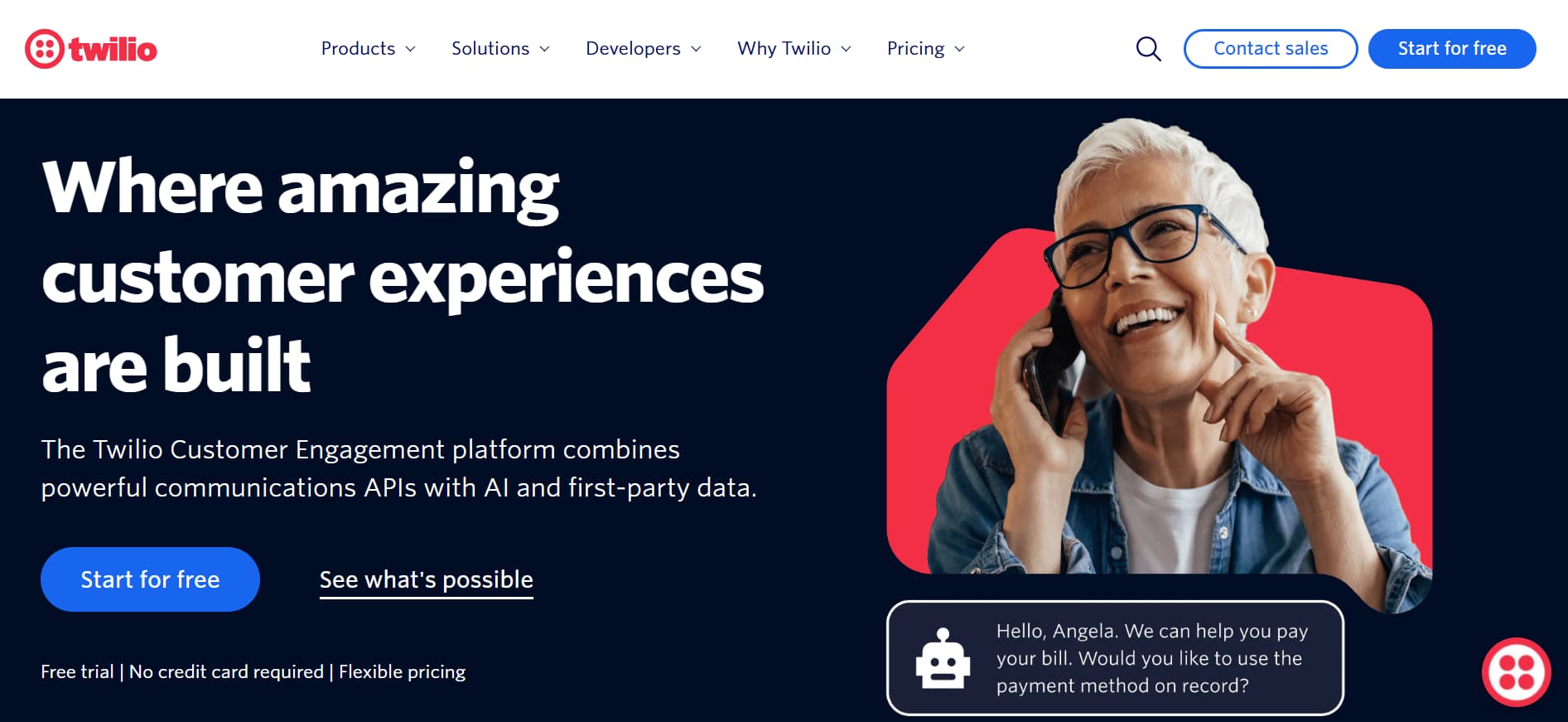 Twilio homepage promoting a customer engagement platform with a smiling woman on the phone and a start free call to action button.
