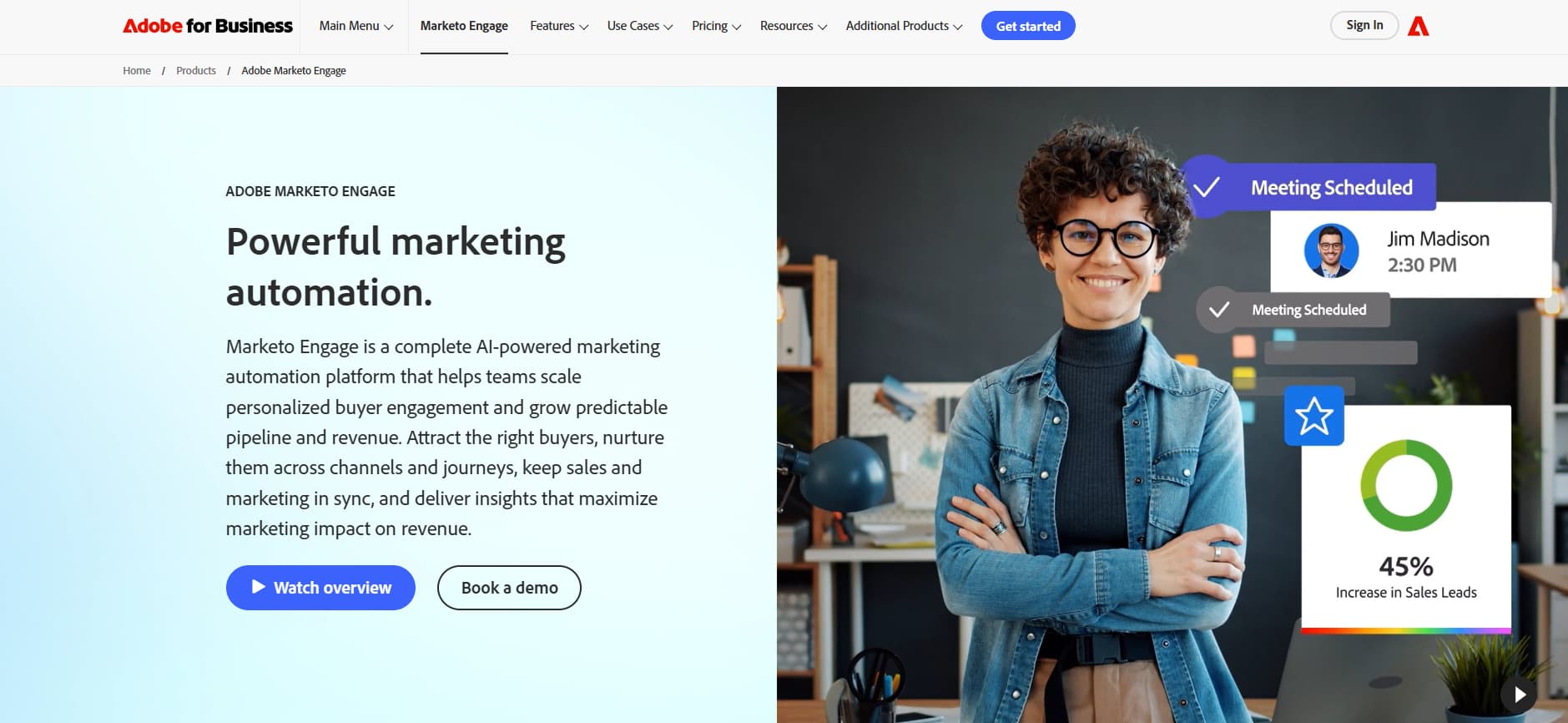 Adobe Marketo Engage homepage featuring a smiling professional and the tagline “Powerful marketing automation.”