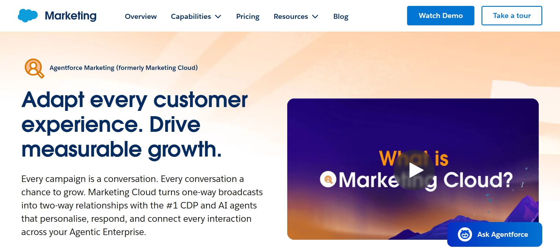 Agentforce Marketing page promoting an AI-powered customer experience platform with a video demo and navigation menu.