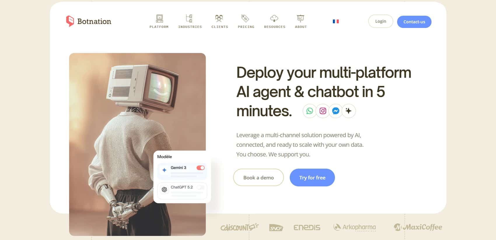 Botnation homepage featuring a surreal illustration of a person with a vintage television head and the tagline “Deploy your multi-platform AI agent & chatbot in 5 minutes.”