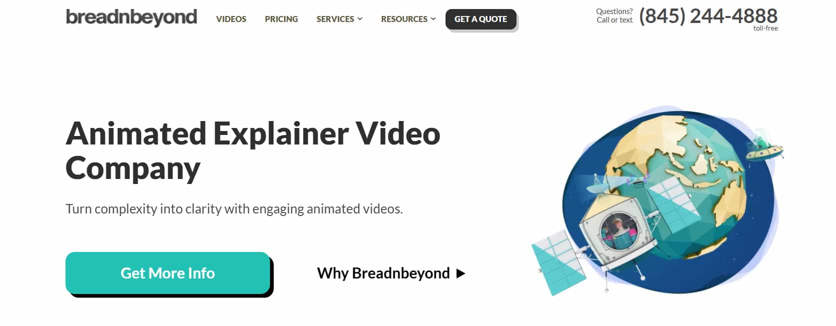 Breadnbeyond homepage featuring a low-poly 3D illustration of Earth and a satellite with the tagline “Animated Explainer Video Company”