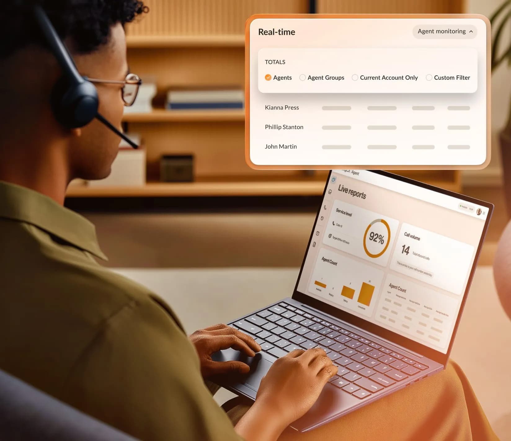 The Customer Engagement Bundle includes Live Reports that show agents, call queues, and more in real time