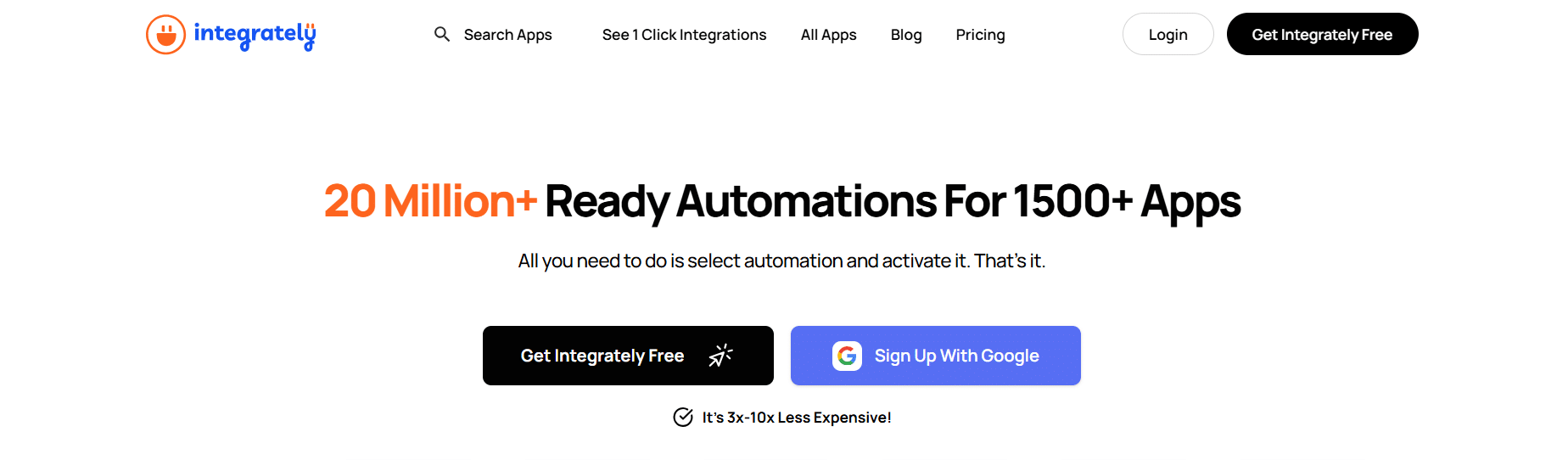 Integrately homepage with a clean white background and the bold tagline “20 Million+ Ready Automations For 1500+ Apps”