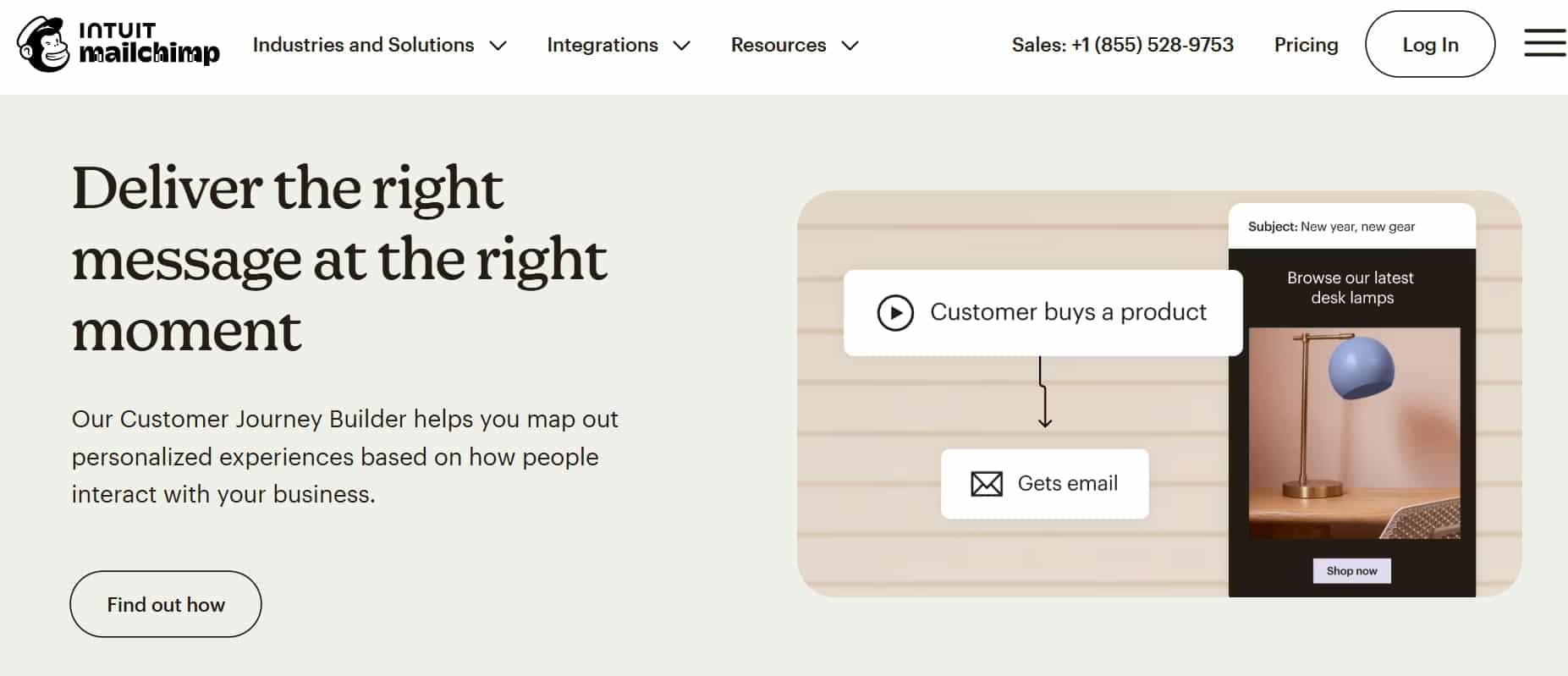 Mailchimp homepage featuring a visual customer journey builder and the tagline “deliver the right message at the right moment”