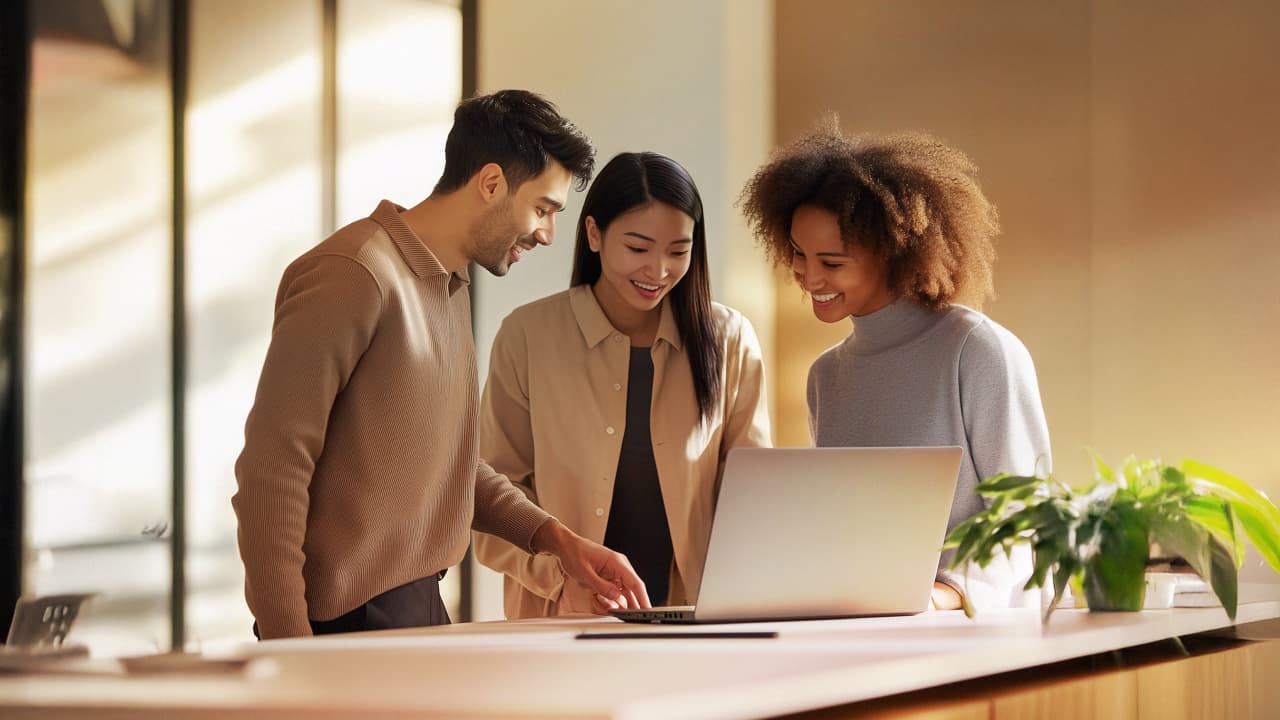 A group of marketing experts smiling and collaborating over a laptop.