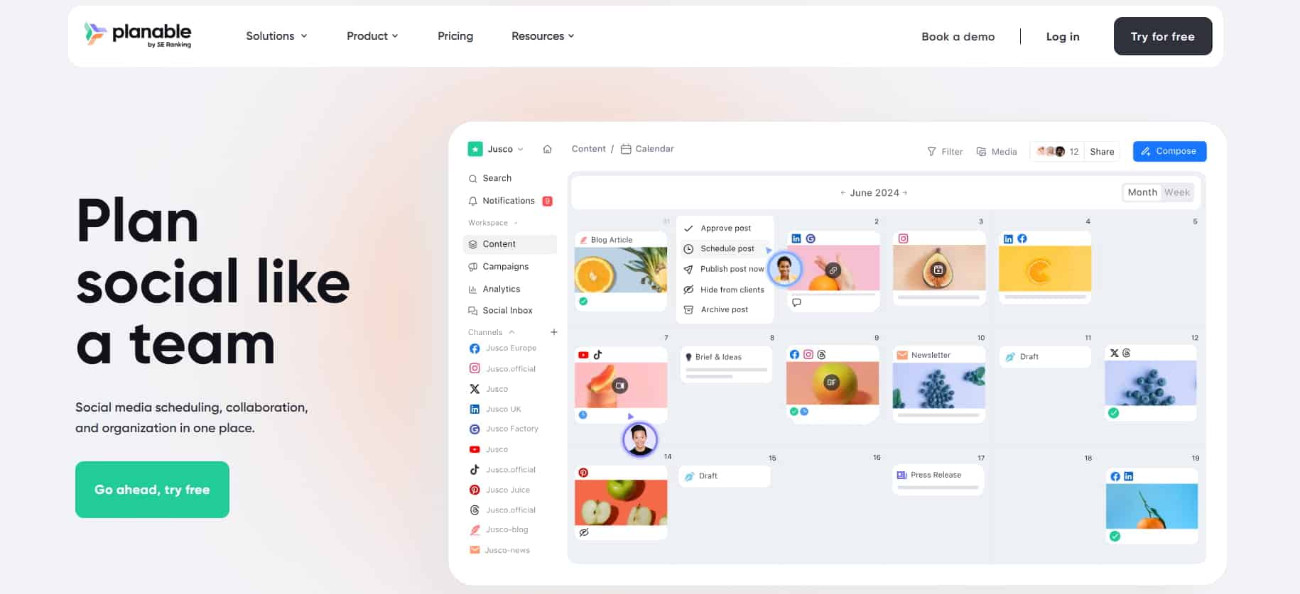 Planable homepage featuring a visual social media content calendar and the tagline “Plan social like a team”