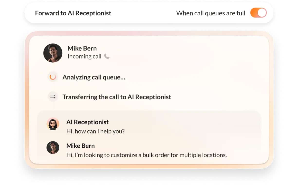 AIR, RingCentral’s AI answering service, transfers calls to human agents along with critical context