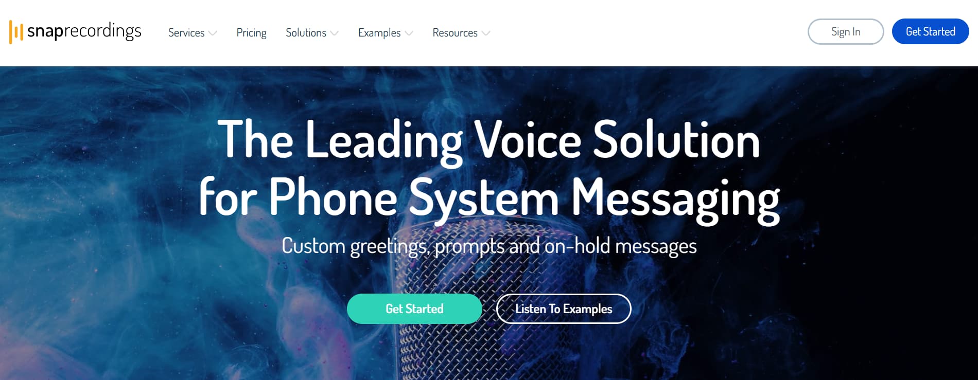 The Snap Recordings homepage with a dark blue smoke-textured background and the tagline “The Leading Voice Solution for Phone System Messaging”