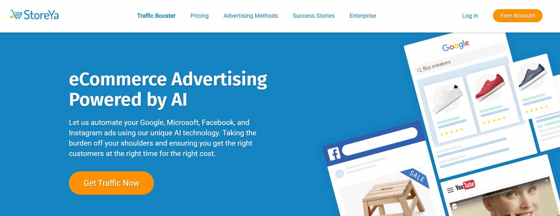 StoreYa homepage with a blue background showing Google and Facebook ad previews and the tagline “eCommerce Advertising Powered by AI”
