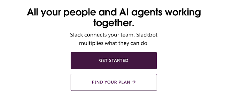 Slack homepage with the headline "All your people and AI agents working together" and buttons to get started or find a plan