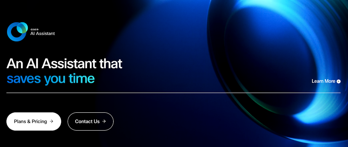 The Webex homepage with the headline "An AI Assistant that saves you time" and buttons for plans & pricing or contact us