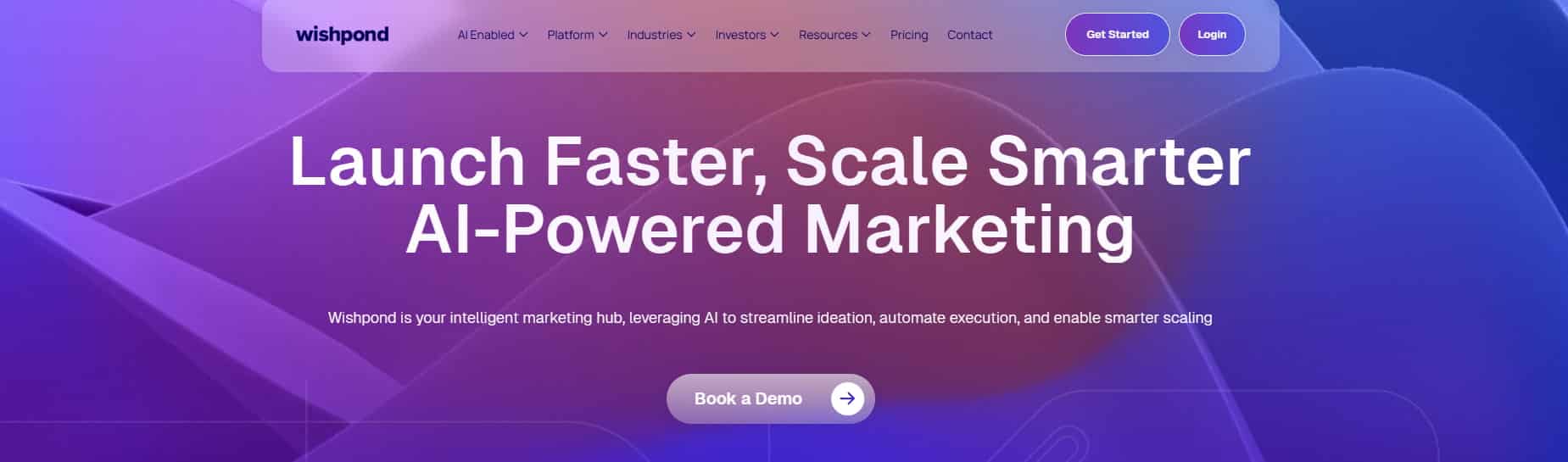 Wishpond homepage with a vibrant purple and blue abstract background and the tagline “Launch Faster, Scale Smarter AI-Powered Marketing”