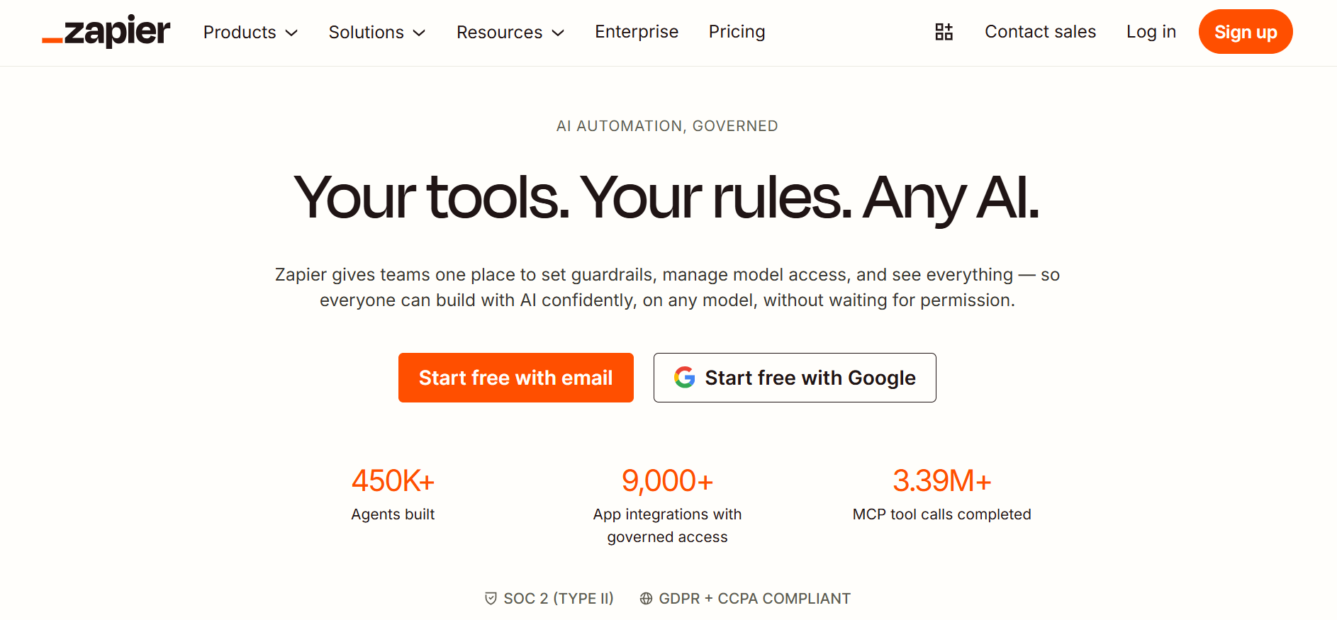 Zapier homepage with a clean white background featuring statistics for agents built and the tagline “Your tools. Your rules. Any AI.”