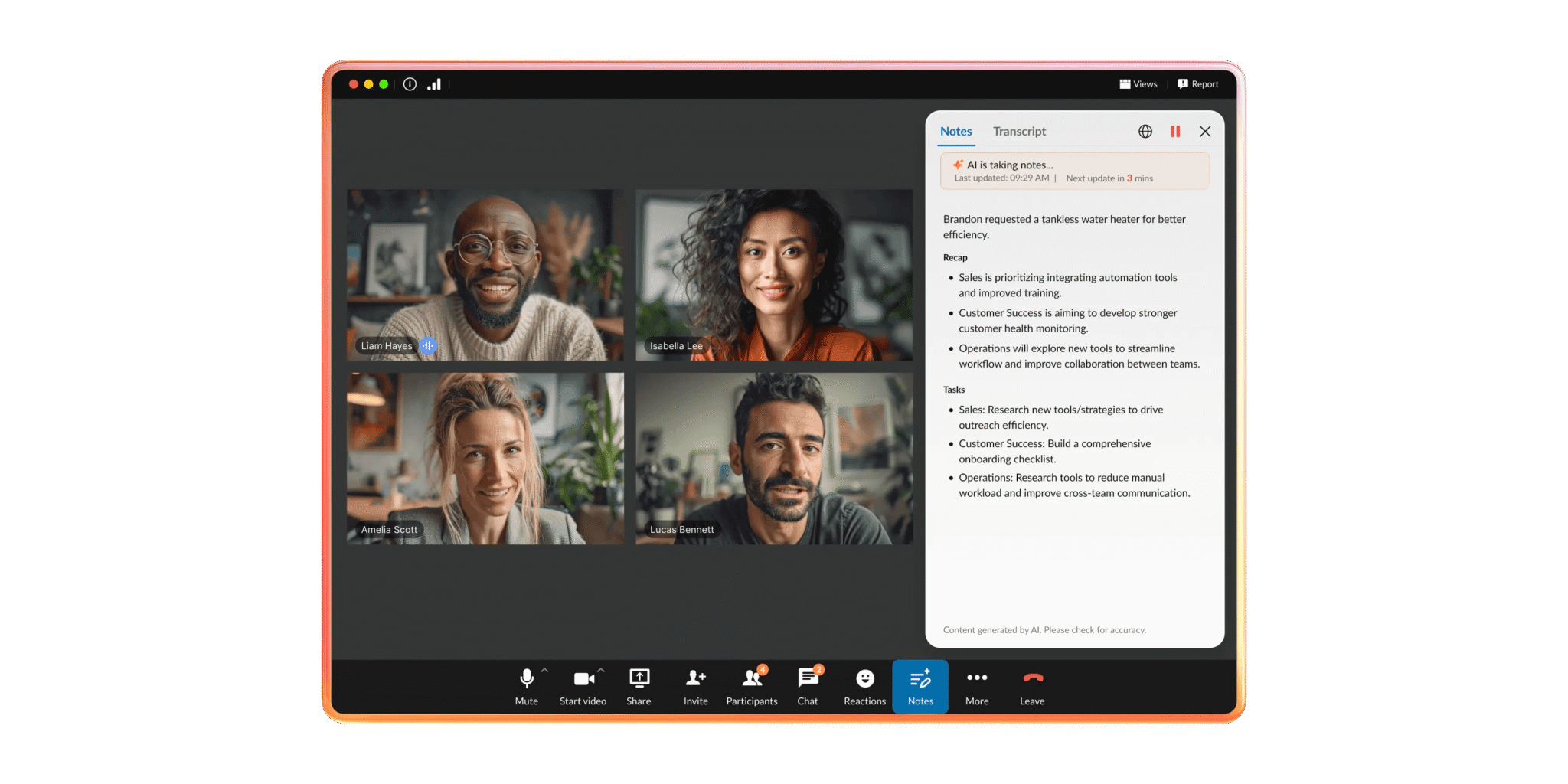 RingCentral Video automatically captures meeting notes