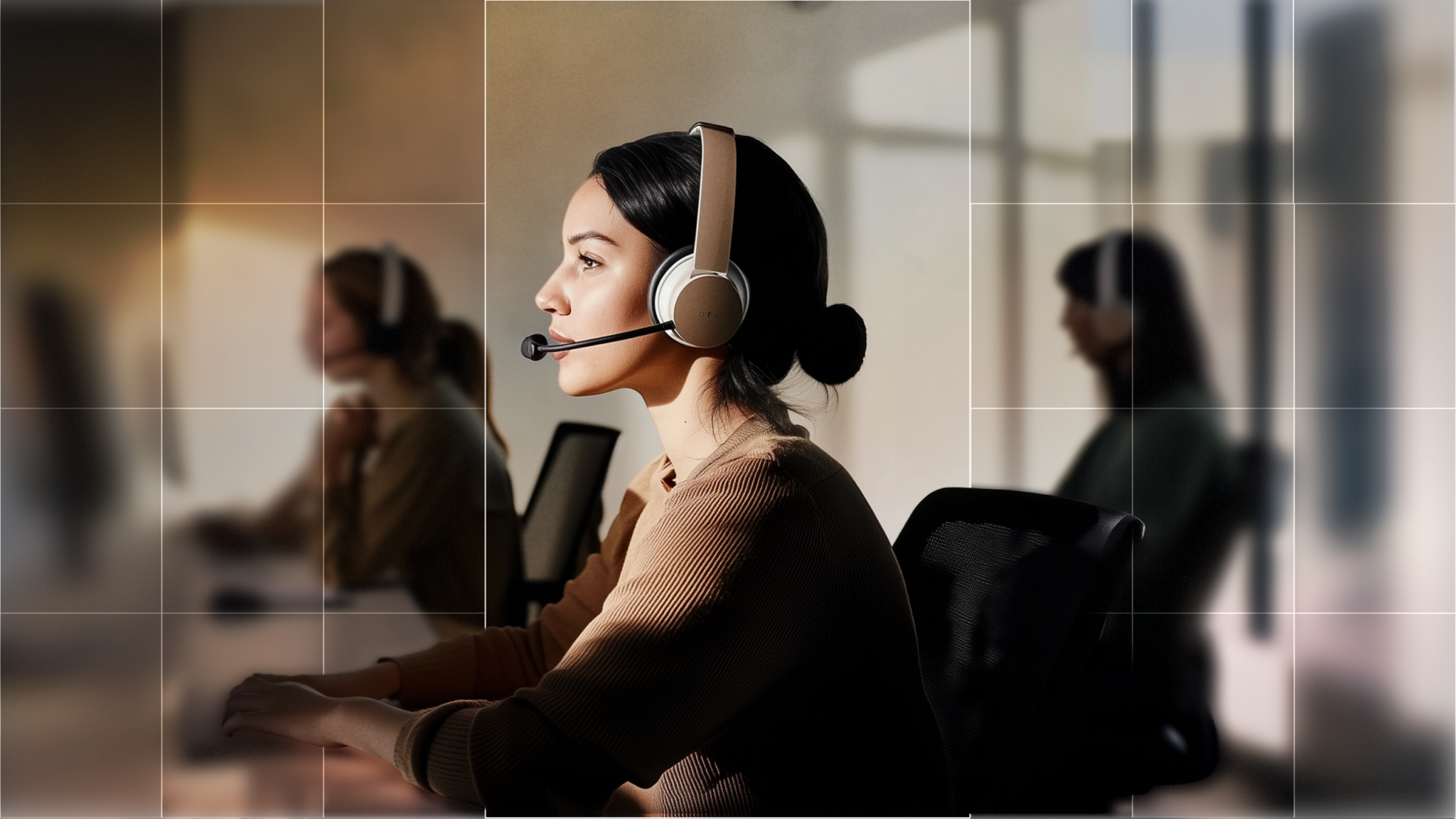 contact center worker customer rep at desk talking to customer