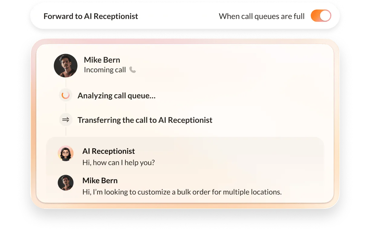 You can configure AIR to accept all after-hours calls or accept calls when queues are full